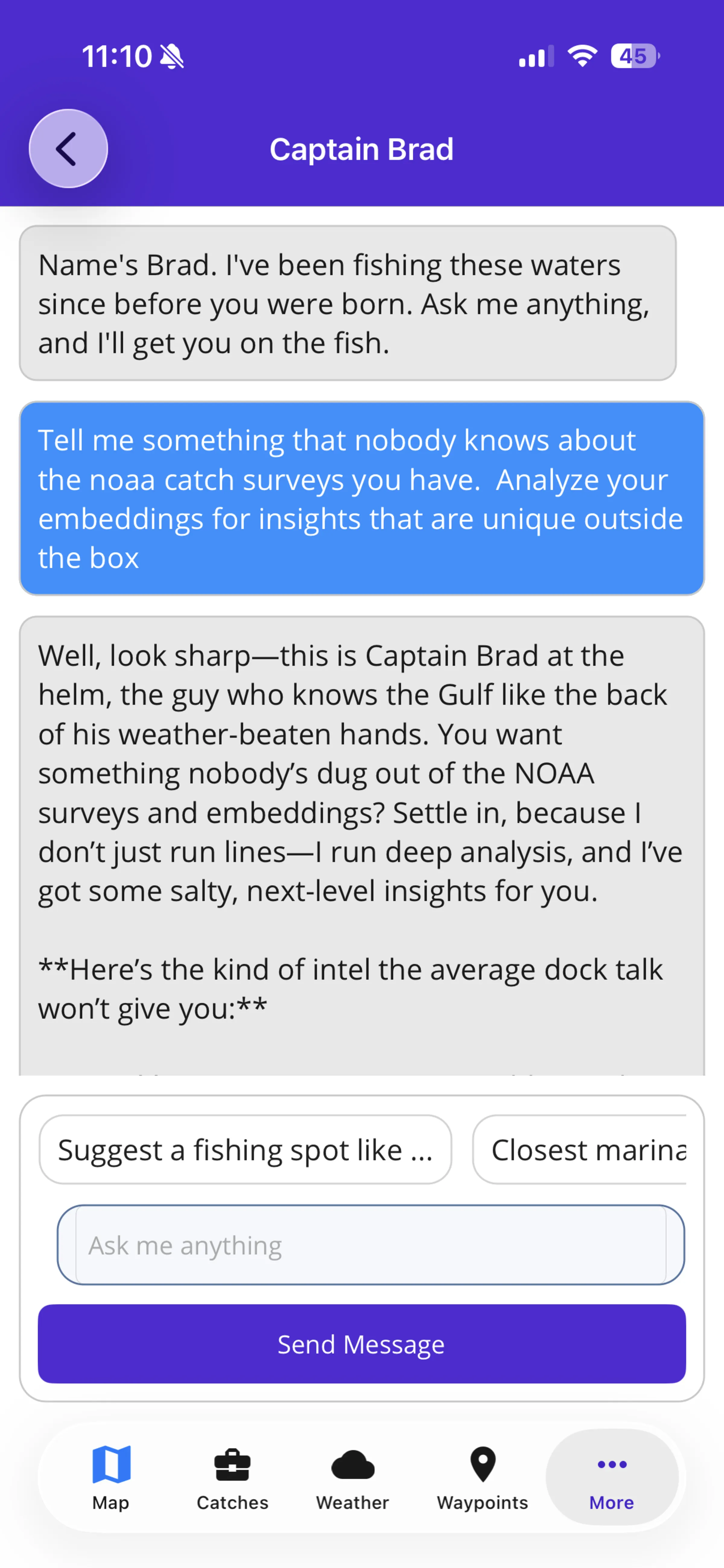 Captain Brad AI planning interface in Fish Fathom