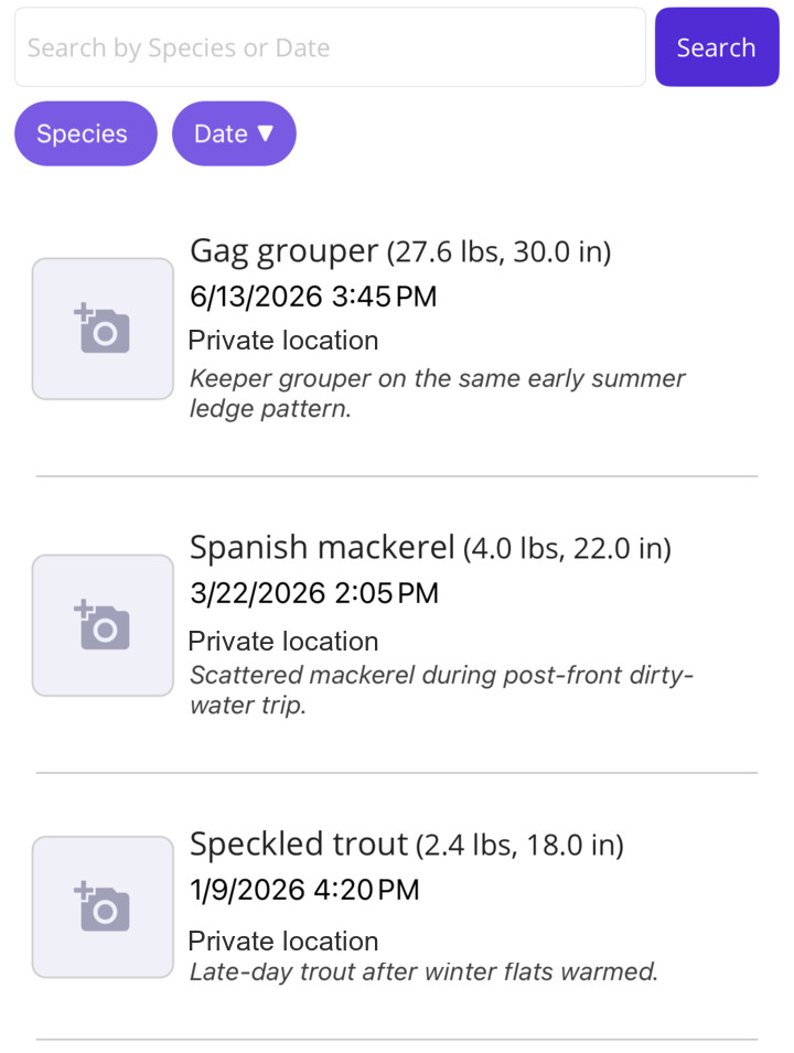Fish Fathom Catches tab showing catch search, sort chips, and saved catch rows