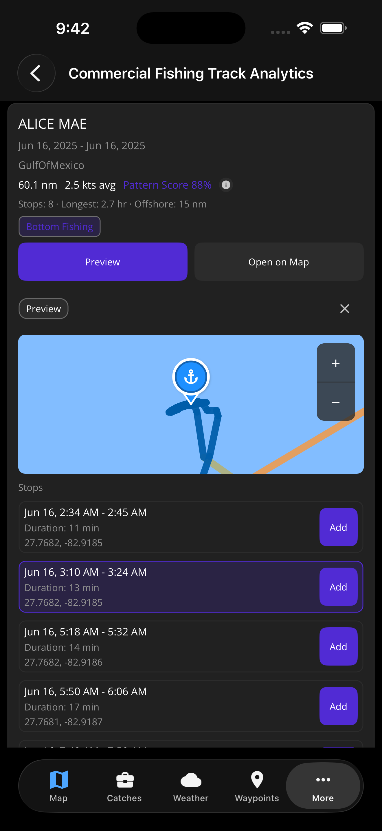Commercial fishing track detail view with bottom fishing stops and add actions