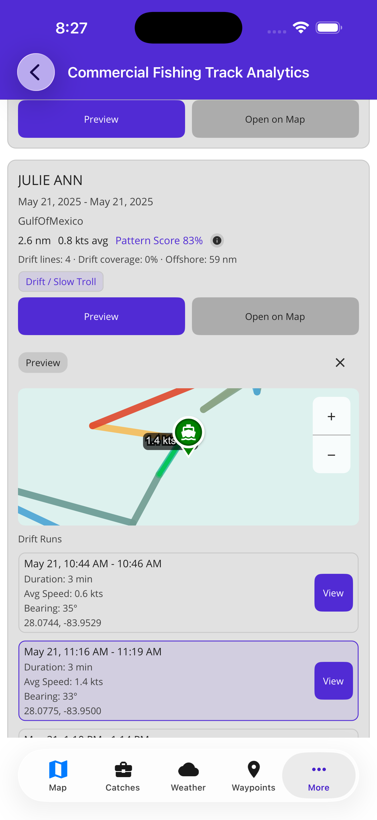 Commercial fishing track analytics screen with pattern score and drift run list