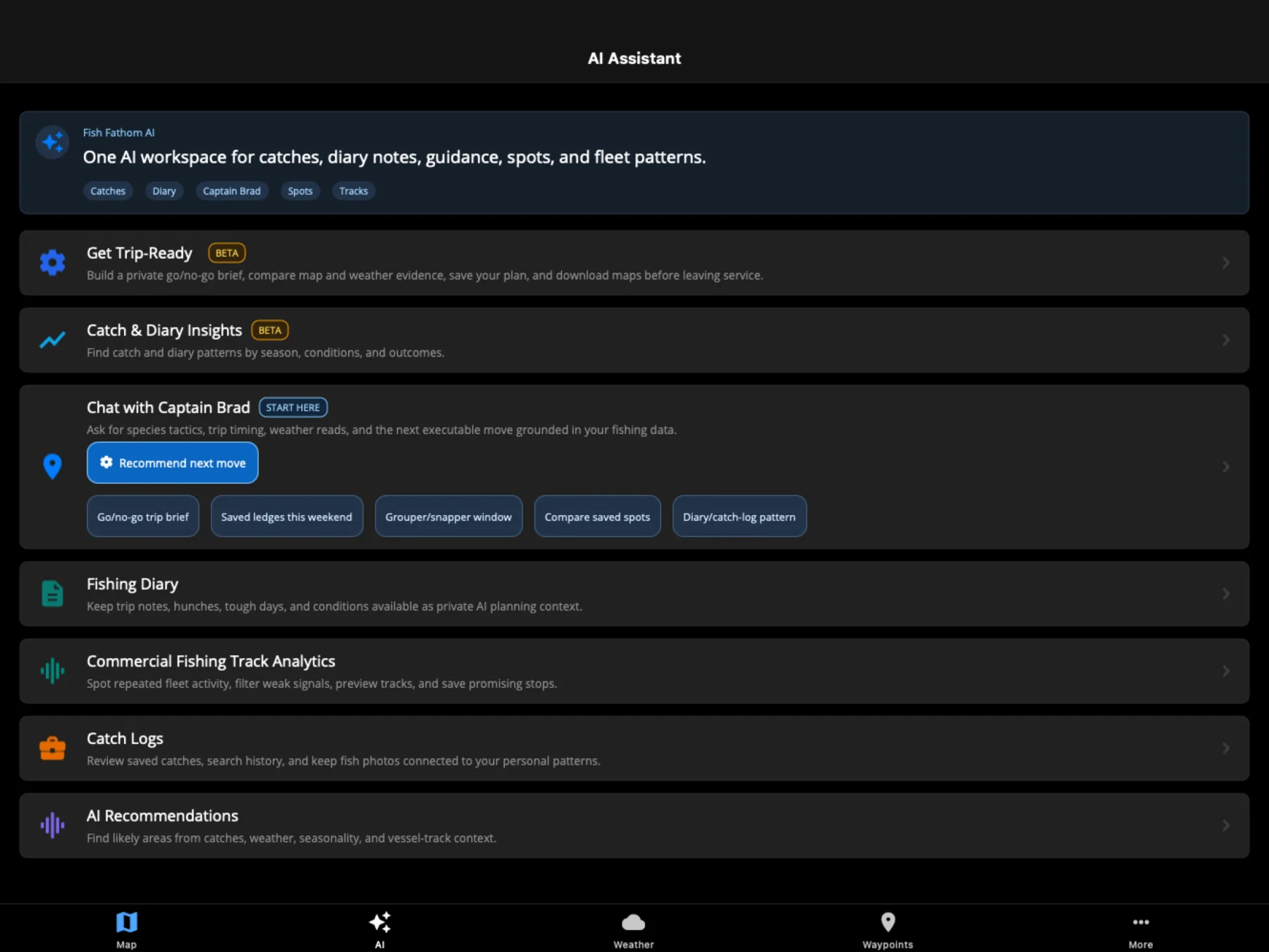 Fish Fathom AI Assistant on Mac showing Captain Brad, trip preparation, catch insights, Fishing Diary, and recommendations