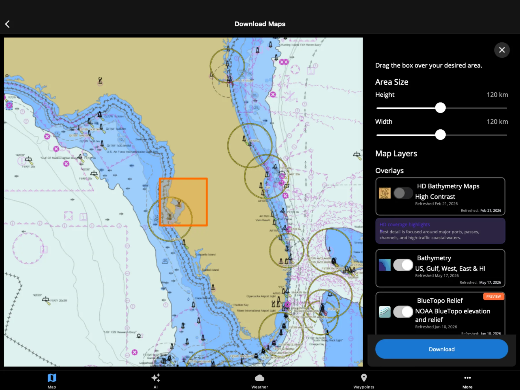 Fish Fathom Download Maps planner on Mac with a Gulf chart, selectable area, layer controls, and Download button