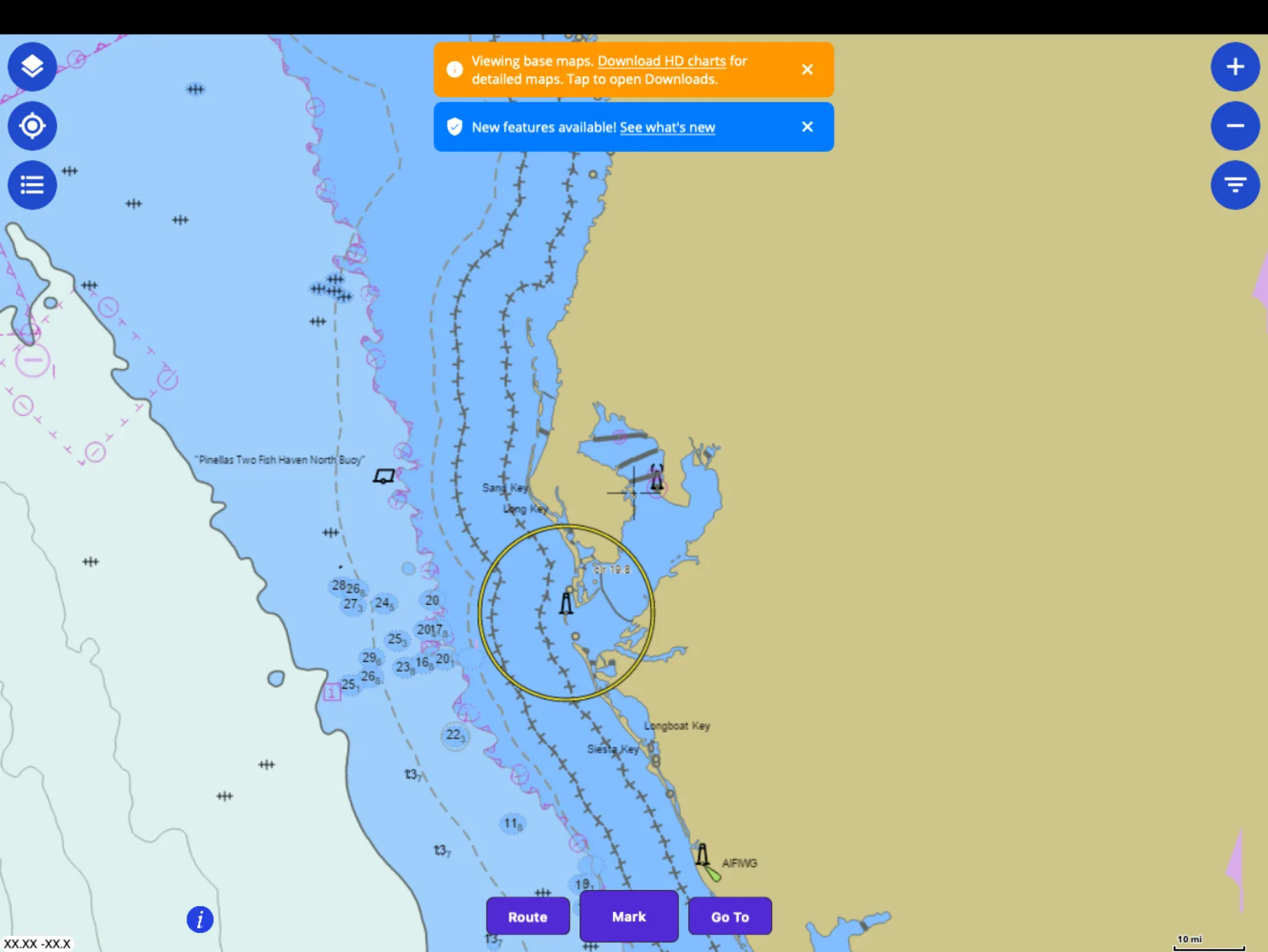 Fish Fathom running on Mac with a wide Gulf chart and Route, Mark, and Go To controls