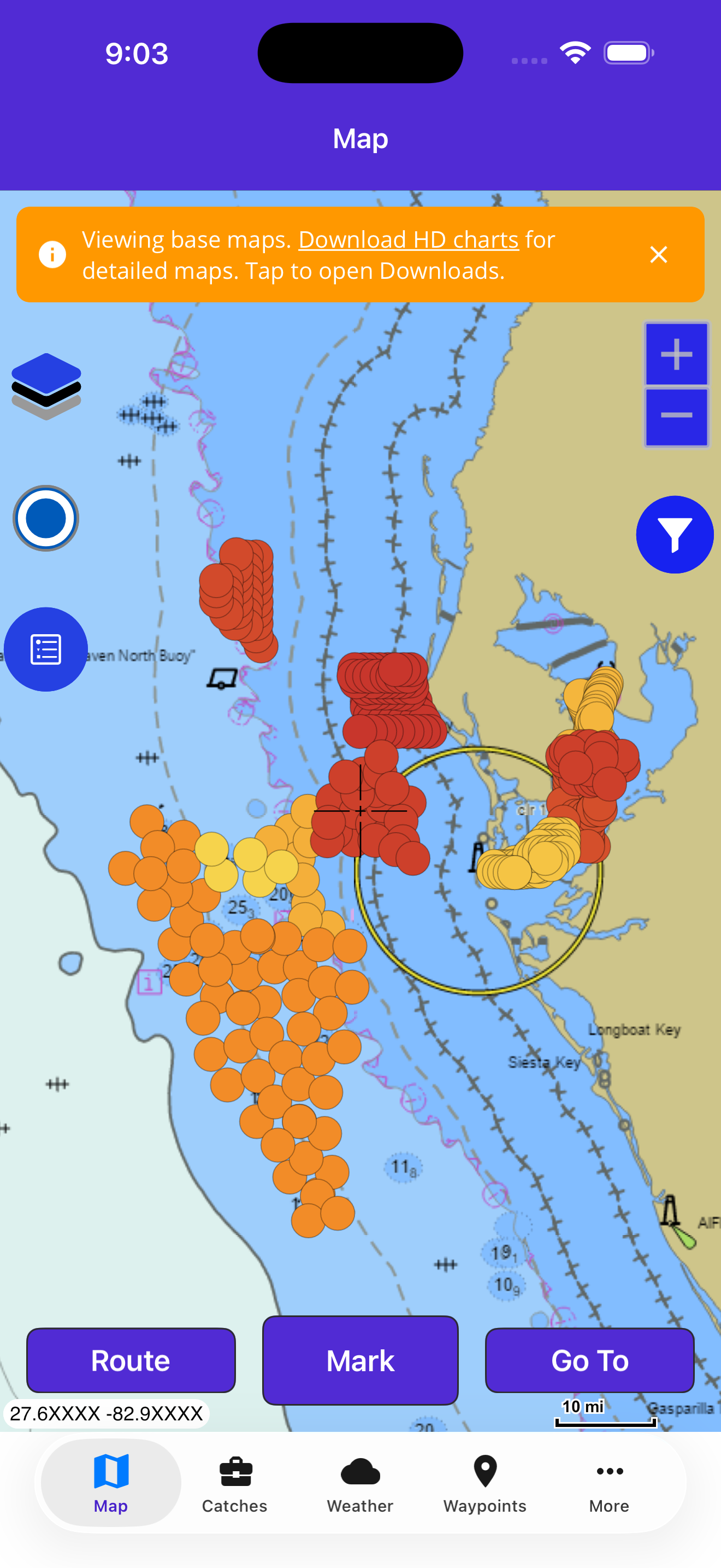 Fish Fathom map showing NOAA hard-bottom sampling points along the U.S. coast