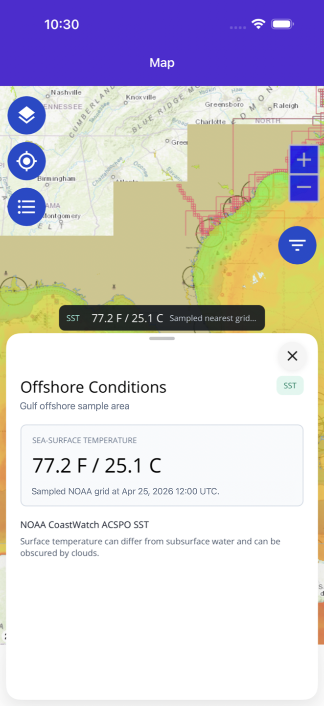 Fish Fathom Offshore Conditions context sheet showing an example NOAA SST sample with source caveats