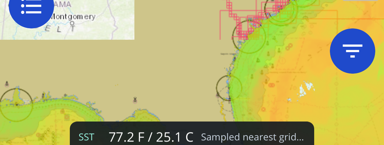 Fish Fathom map showing the Offshore Conditions sea-surface temperature layer with an example SST readout
