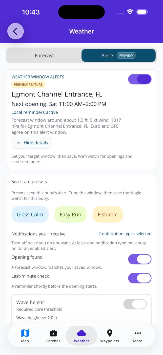 Fish Fathom Weather page with Weather Window Alerts controls open